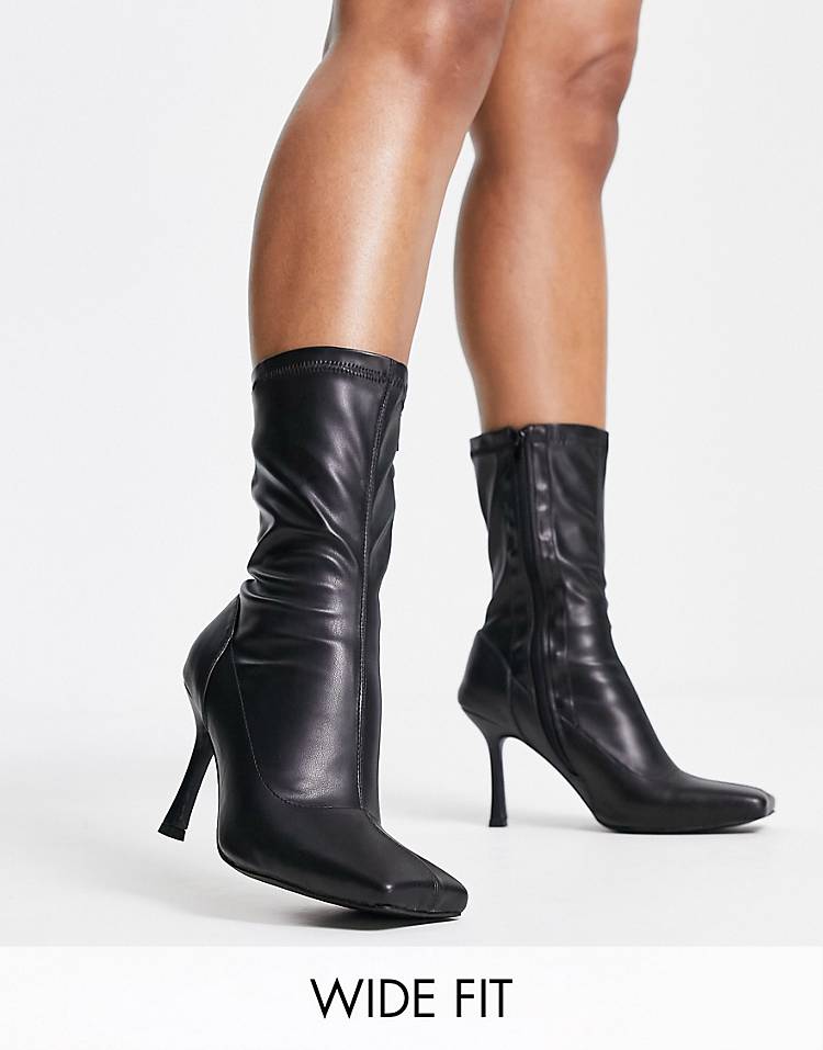 Public Desire Wide Fit Leon square toe sock boots in black